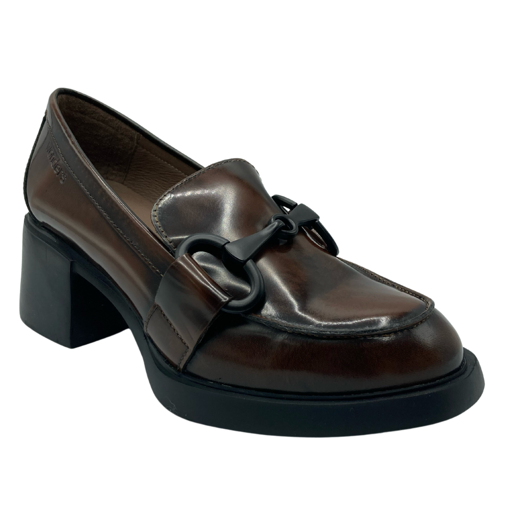 Angled view of brown/burgundy leather loafer with black bit detail