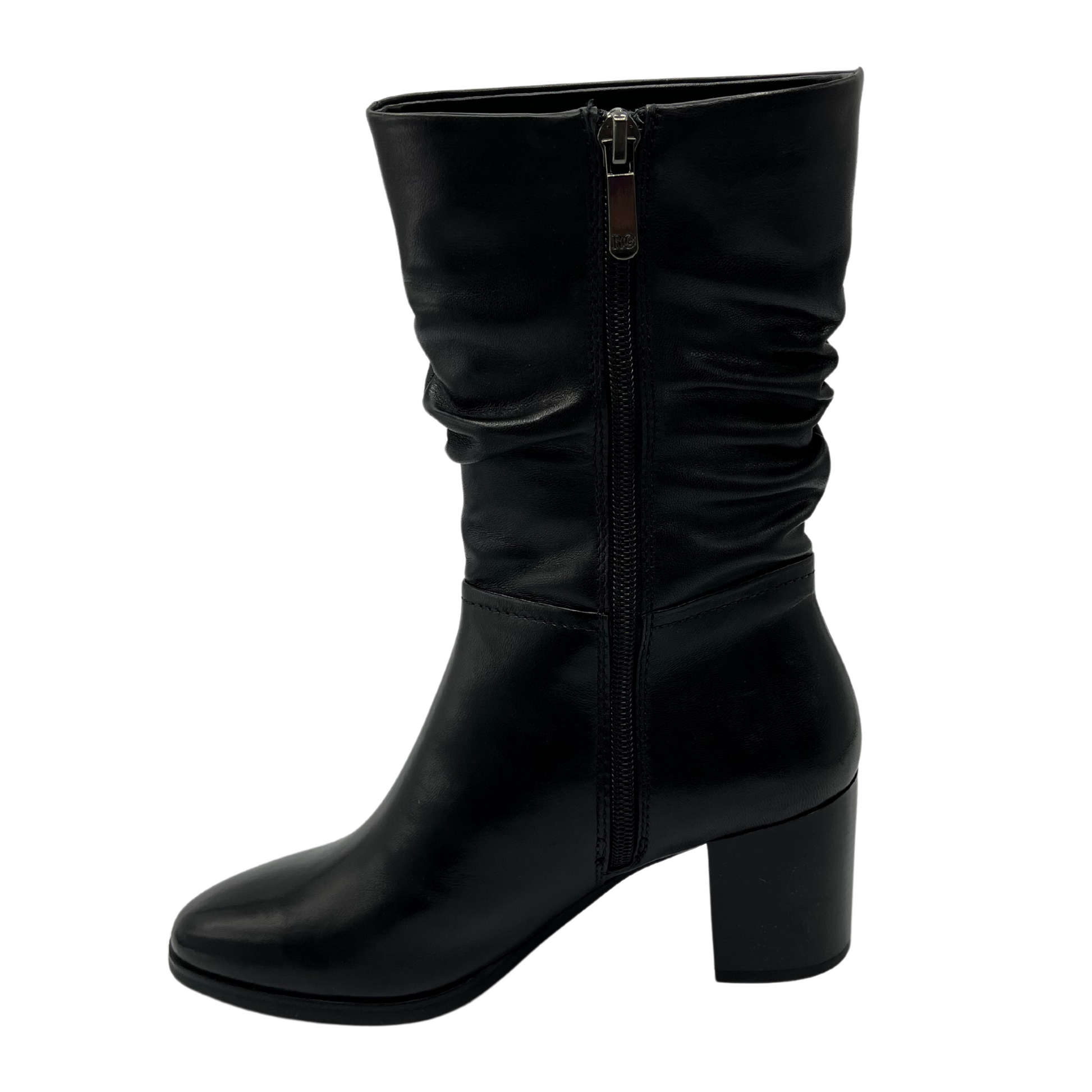 Left facing view of black leather slouchy boot with block heel, rounded toe