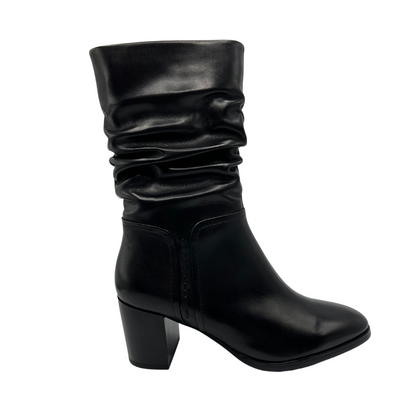 Right facing view of black leather slouchy boot with block heel, rounded toe