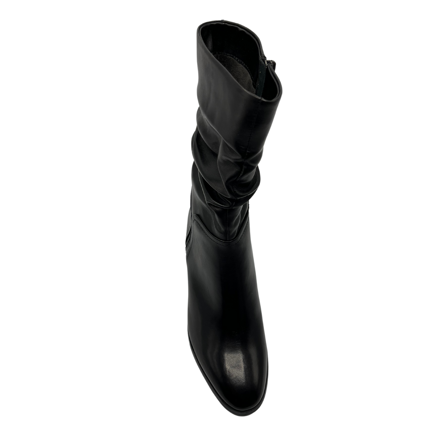 Top view of black leather slouchy boot with block heel, rounded toe