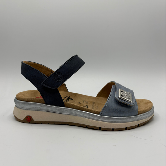 Navy sandal with a brown sole on a white background