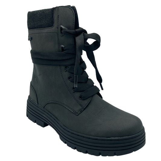 45 degree angled view of matte black boot with rubber outsole and black laces