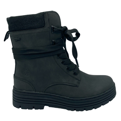 Right facing view of black boot with black rubber outsole, black laces and pull on tab on heel