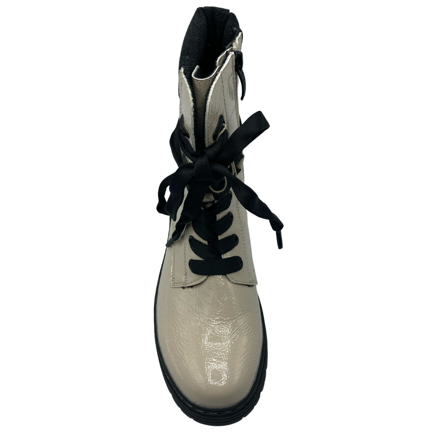 Front facing view of beige patent short boot with black laces and side zipper closure