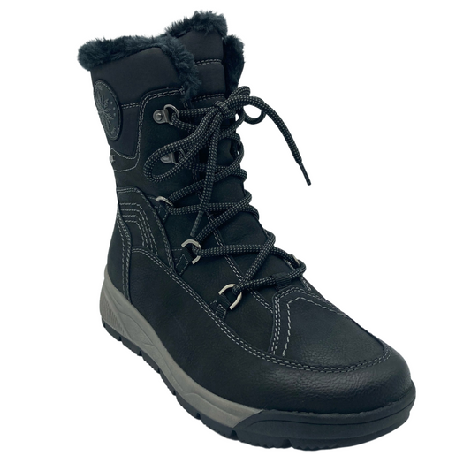 45 degree angled view of black mid-calf winter boot with grey rubber outsole and lace front