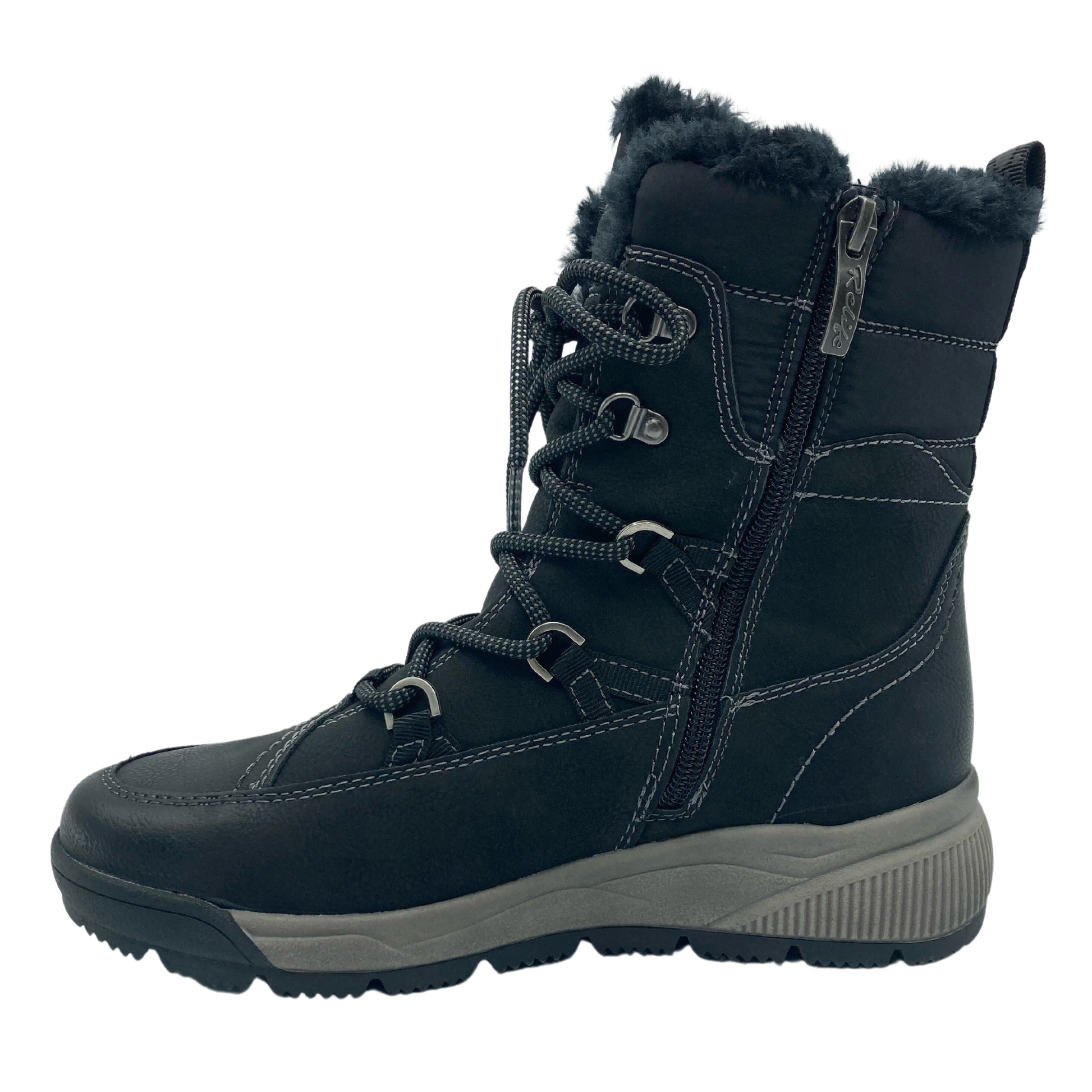 Left facing view of short winter boot with side zipper closure, laces and thick rubber sole