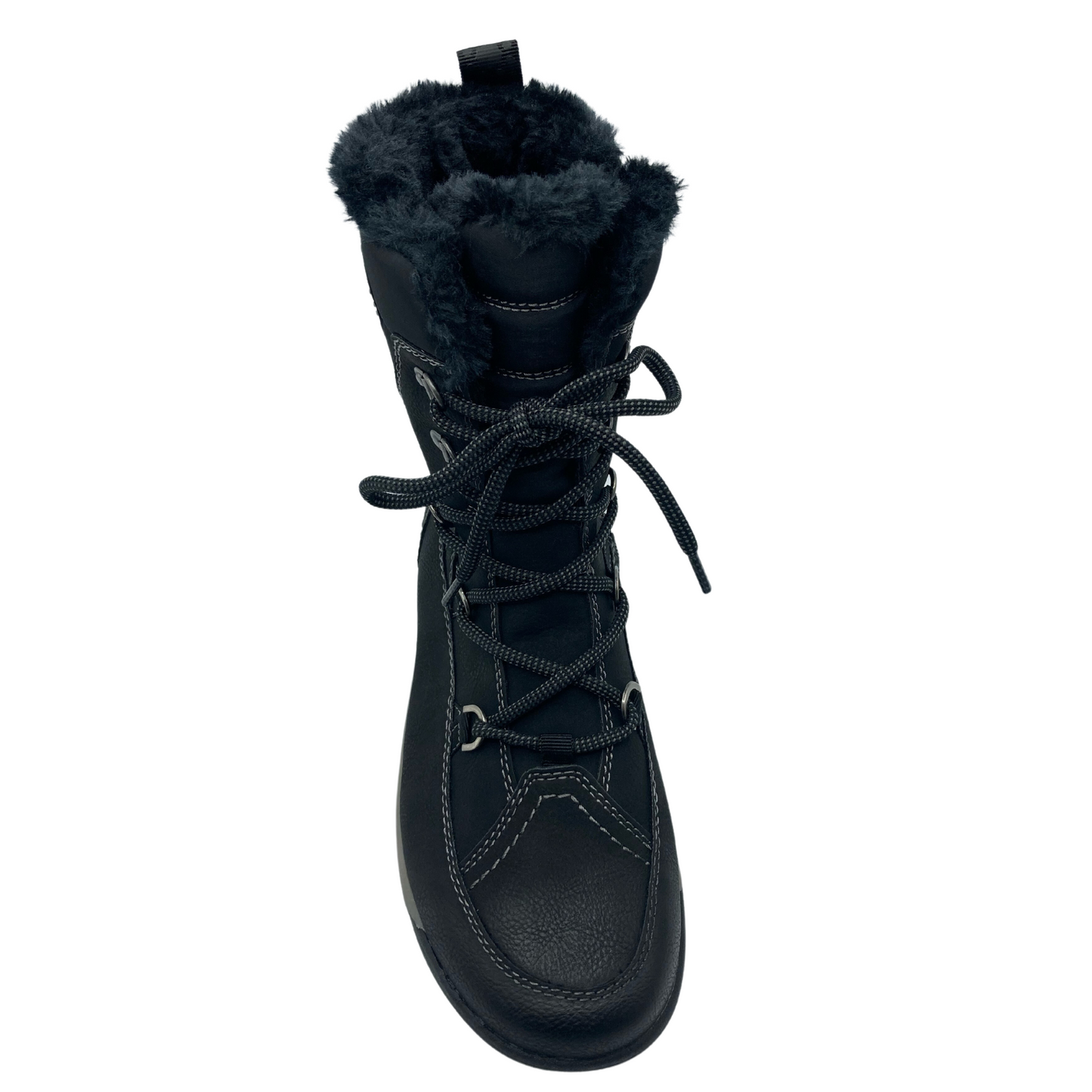 Front view of calf-height winter boot with faux shearling inner lining and front lace closure