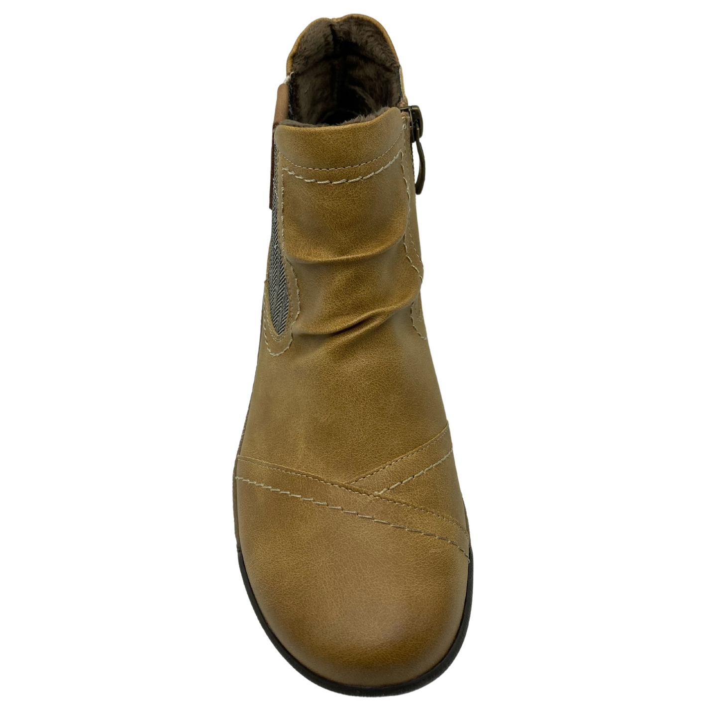 Top view of mustard short boot with rounded toe , inner side zipper and elastic side gore