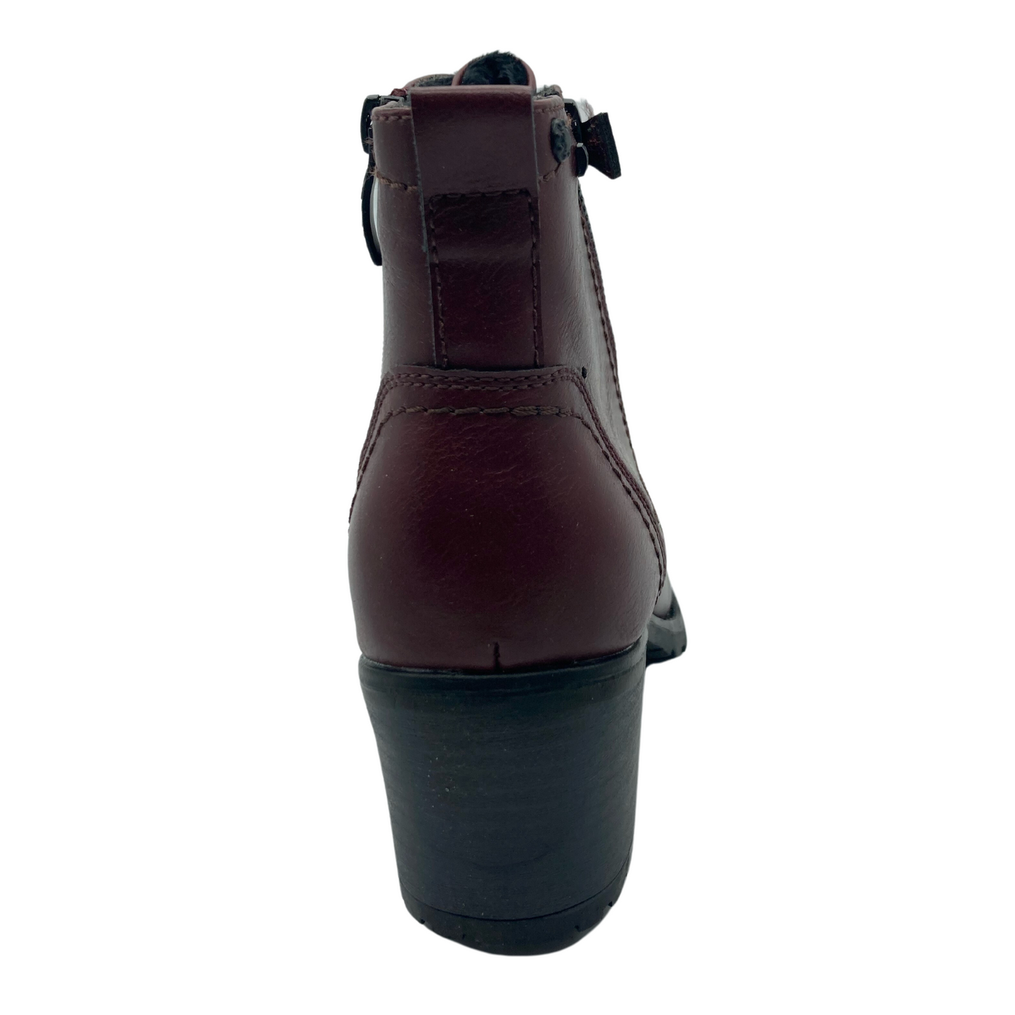 Back view of wine red bootie with black block heel and double zipper closures