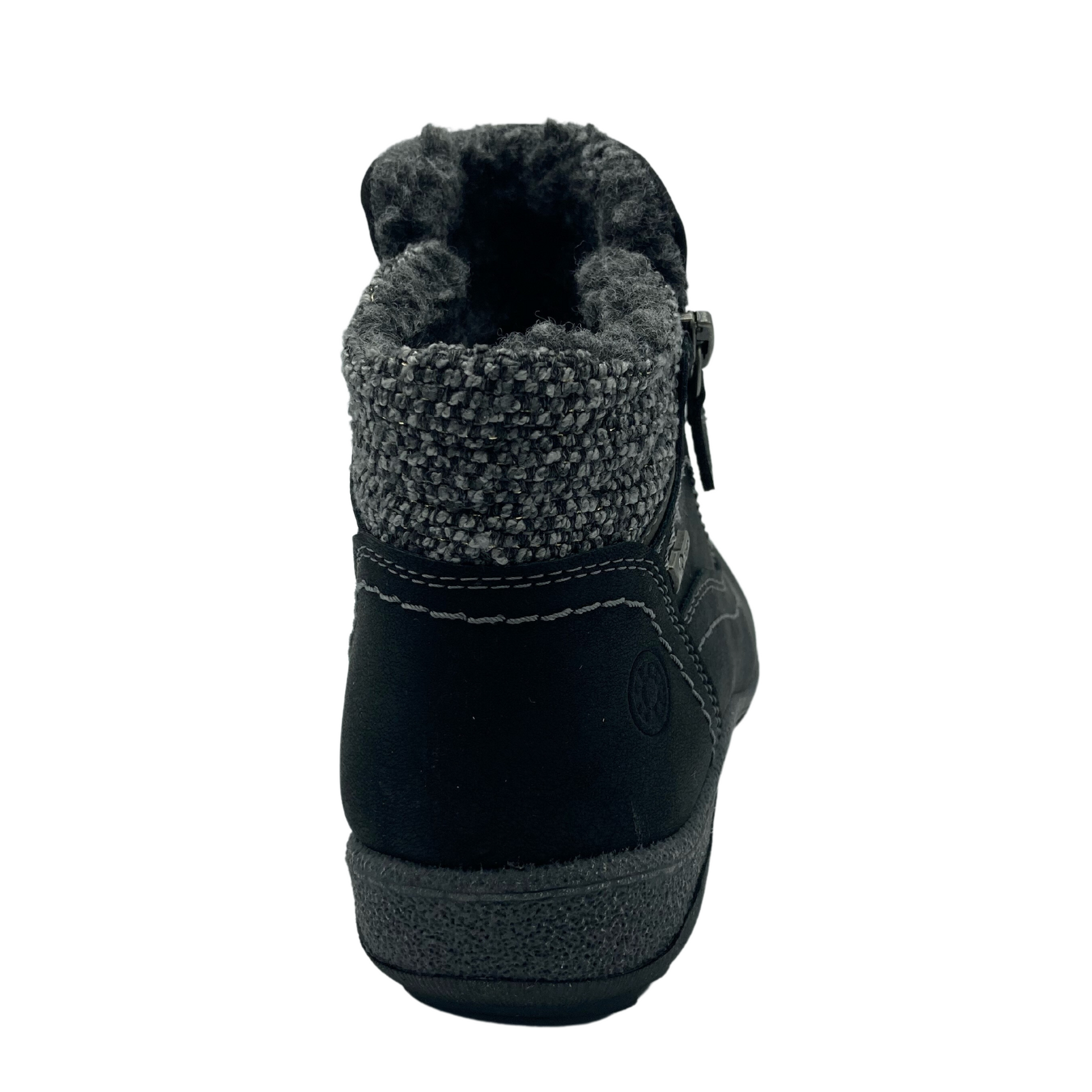Heel view of back of faux suede ankle bootie with insulated inner lining and rubber outsole