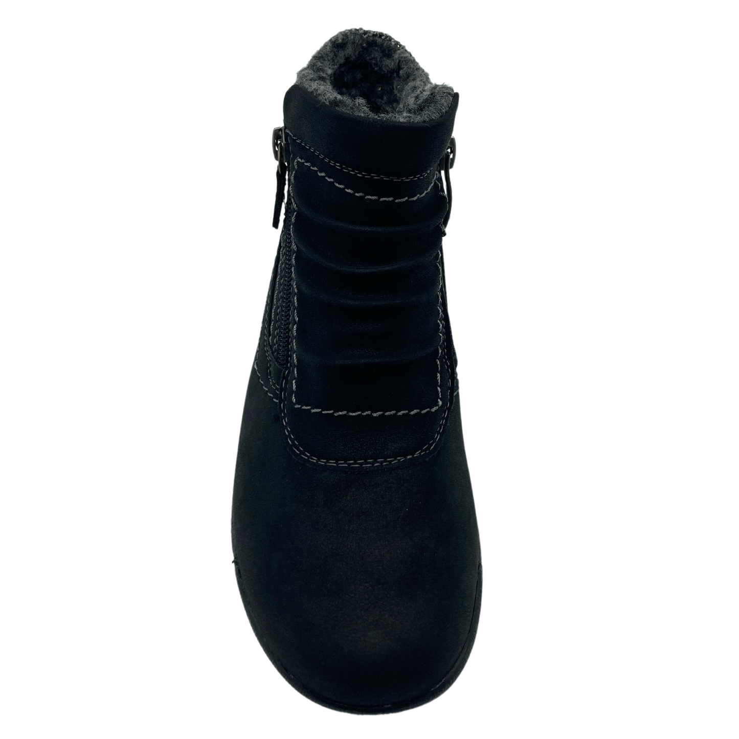 Top view of black vegan suede bootie with slouchy detail on upper and rounded toe