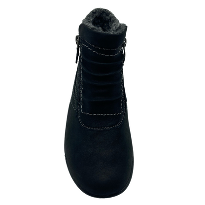 Top view of black vegan suede bootie with slouchy detail on upper and rounded toe