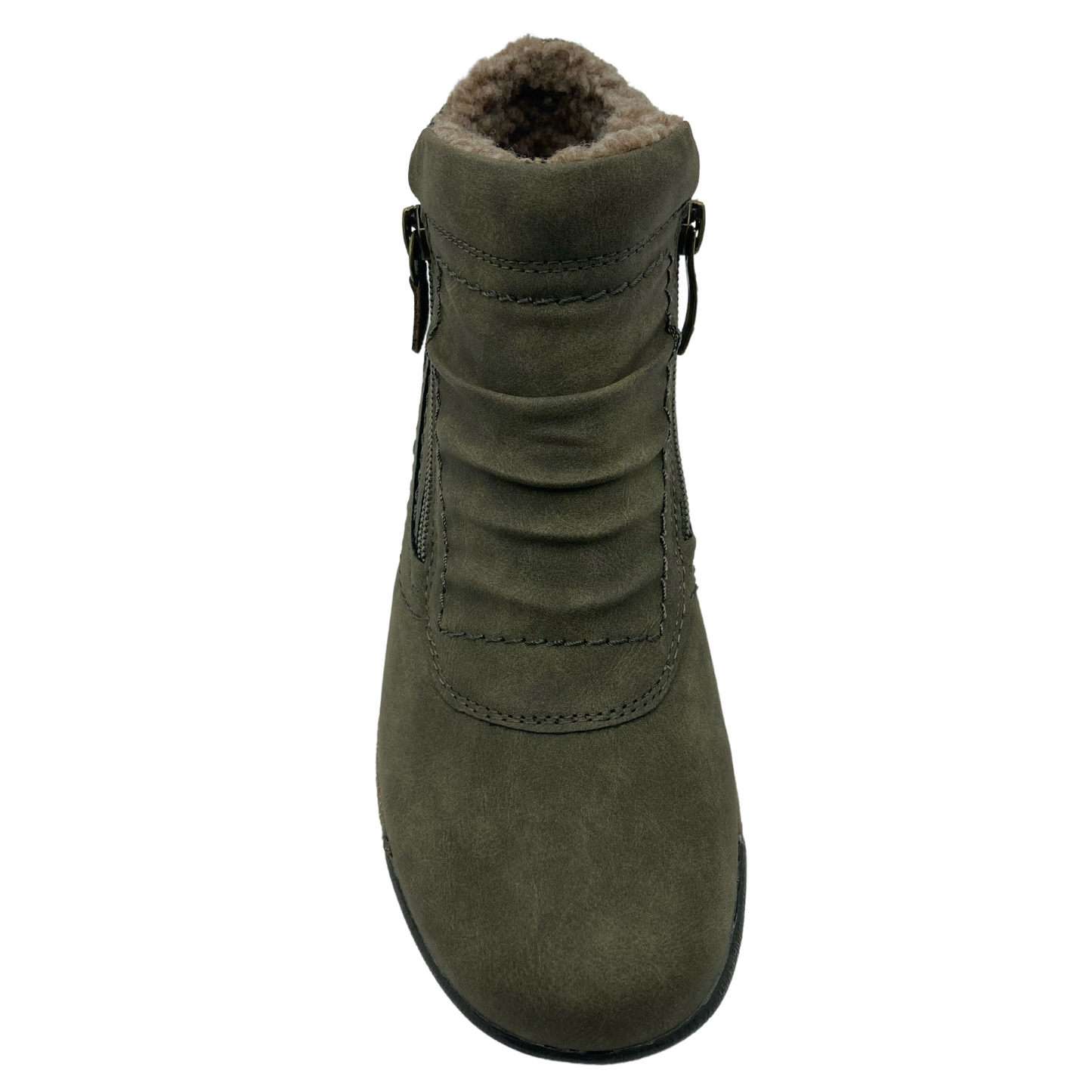 Top view of green vegan suede ankle bootie with brown insulated inner lining and zipper closure