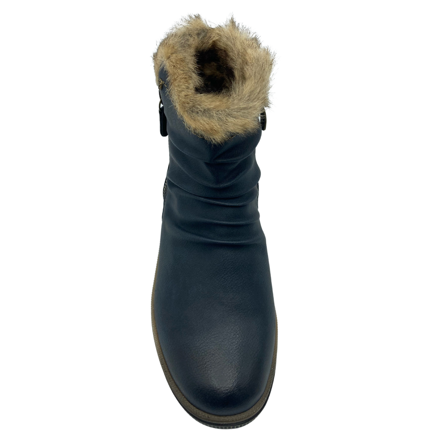 Top view of rounded toe bootie with blue upper and brown faux fur lining