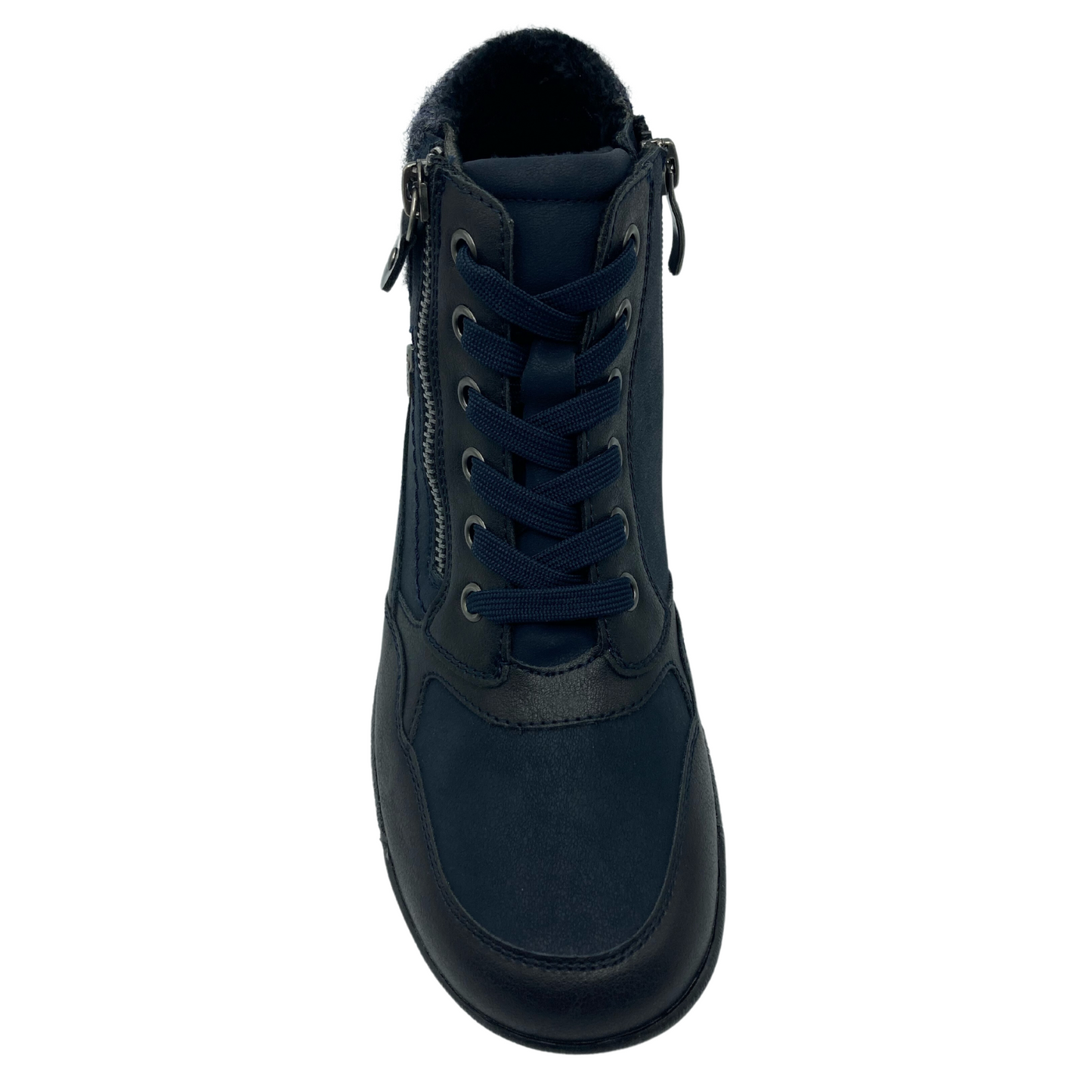 Top view of navy vegan suede and leather ankle boot with blue laces and double zip closure