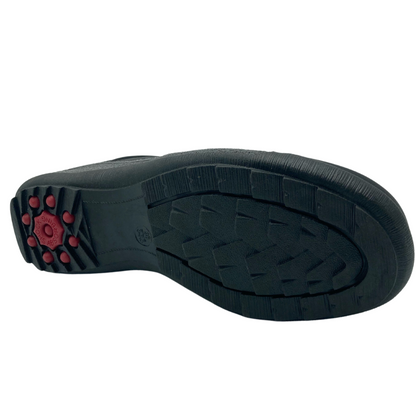Bottom view of black sneaker with black and grey rubber outsole