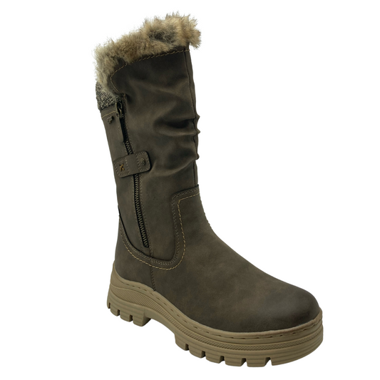 45 degree angled view of khaki vegan suede calf height boot with side zipper closure and thick rubber outsole