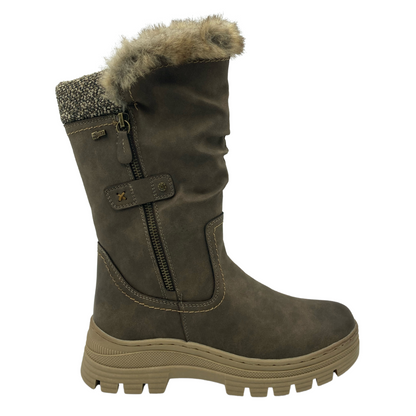 Right facing view of vegan suede boot with faux fur lining and thick rubber outsole