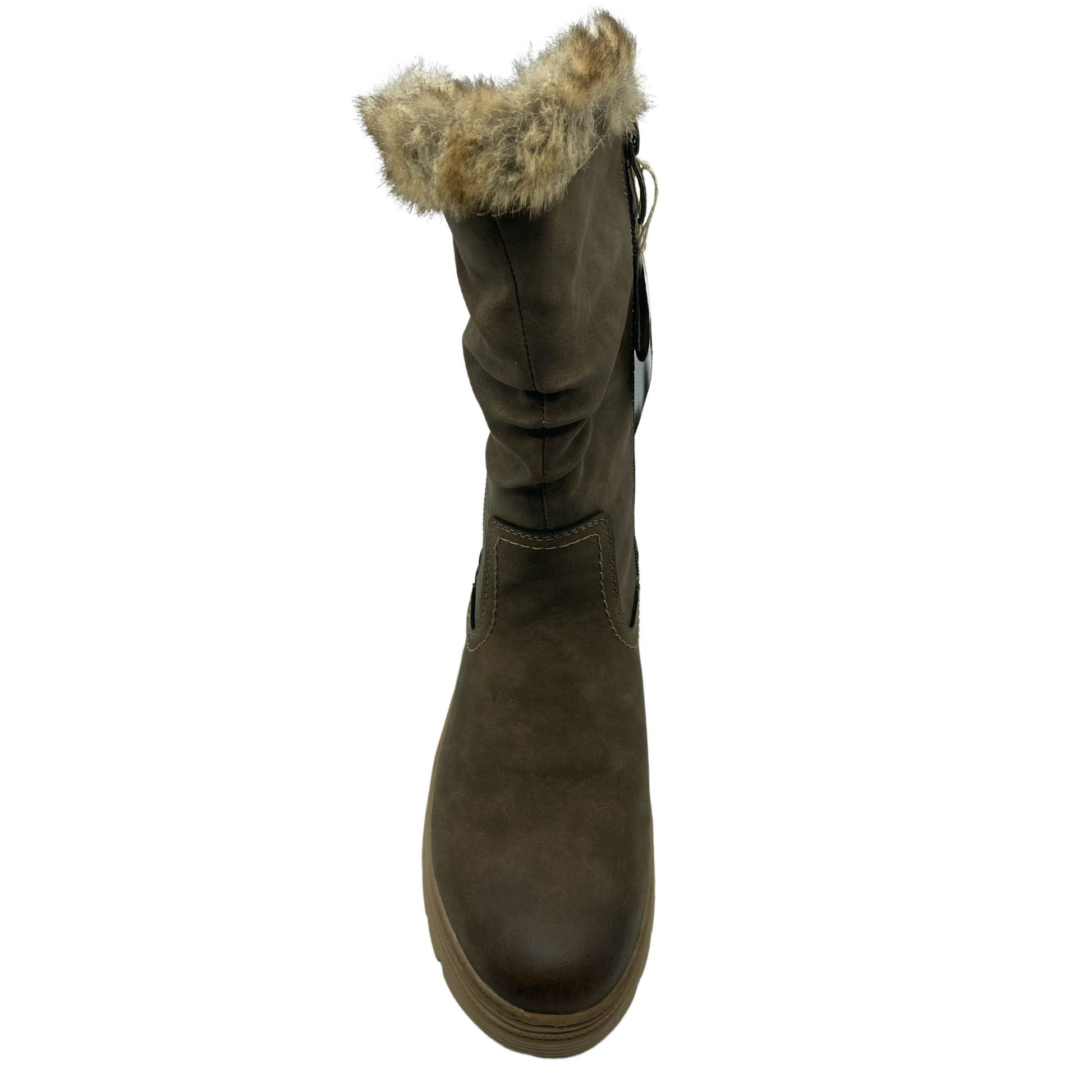 Top view of vegan suede calf height boot with faux fur lining and side zipper closure