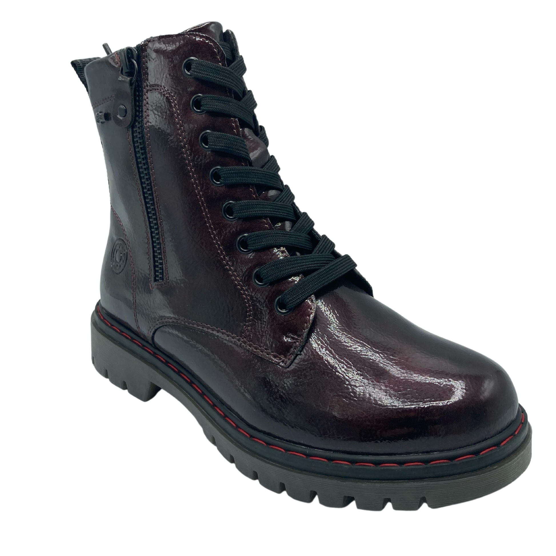 45 degree angled view of vegan leather wine short boot with lace up front and double side zippers