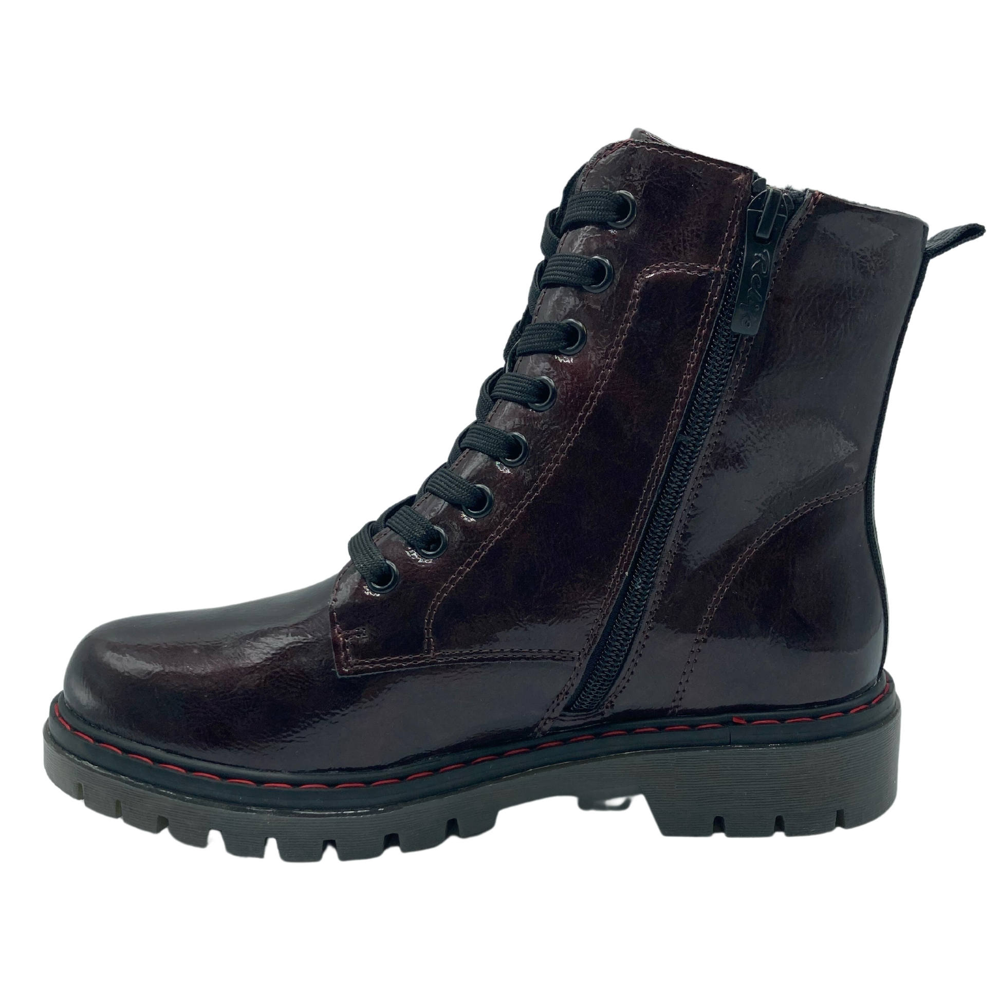 Left facing view of vegan leather boot with black side zipper and rubber outsole