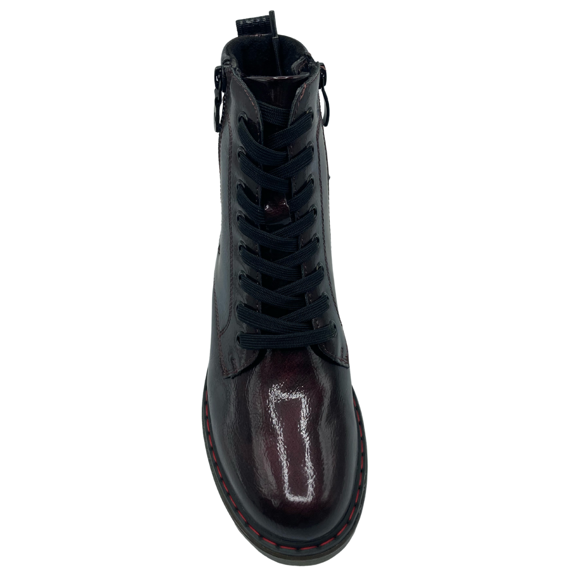 Top view of vegan leather boot with black laces and double side zipper closures