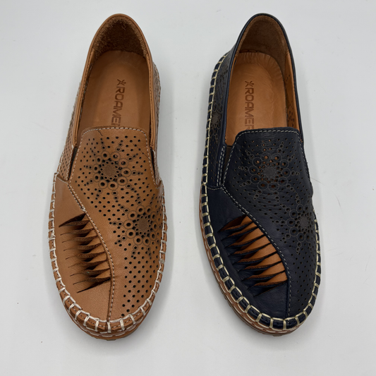 Pair of brown and navy perforated espadrilles on a white background