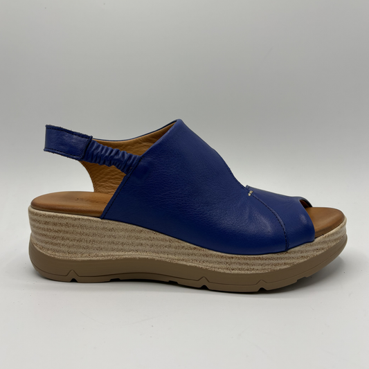 Blue sandal with brown sole on a white background