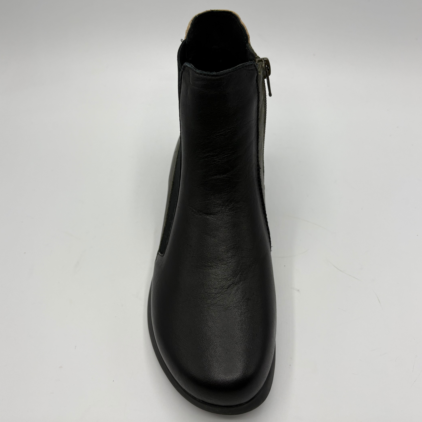 A single black leather ankle boot with a side zipper, shown from a front-facing perspective on a light gray background.