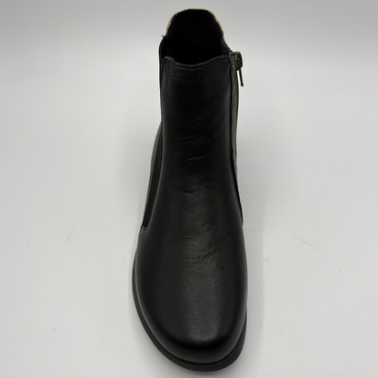A single black leather ankle boot with a side zipper, shown from a front-facing perspective on a light gray background.