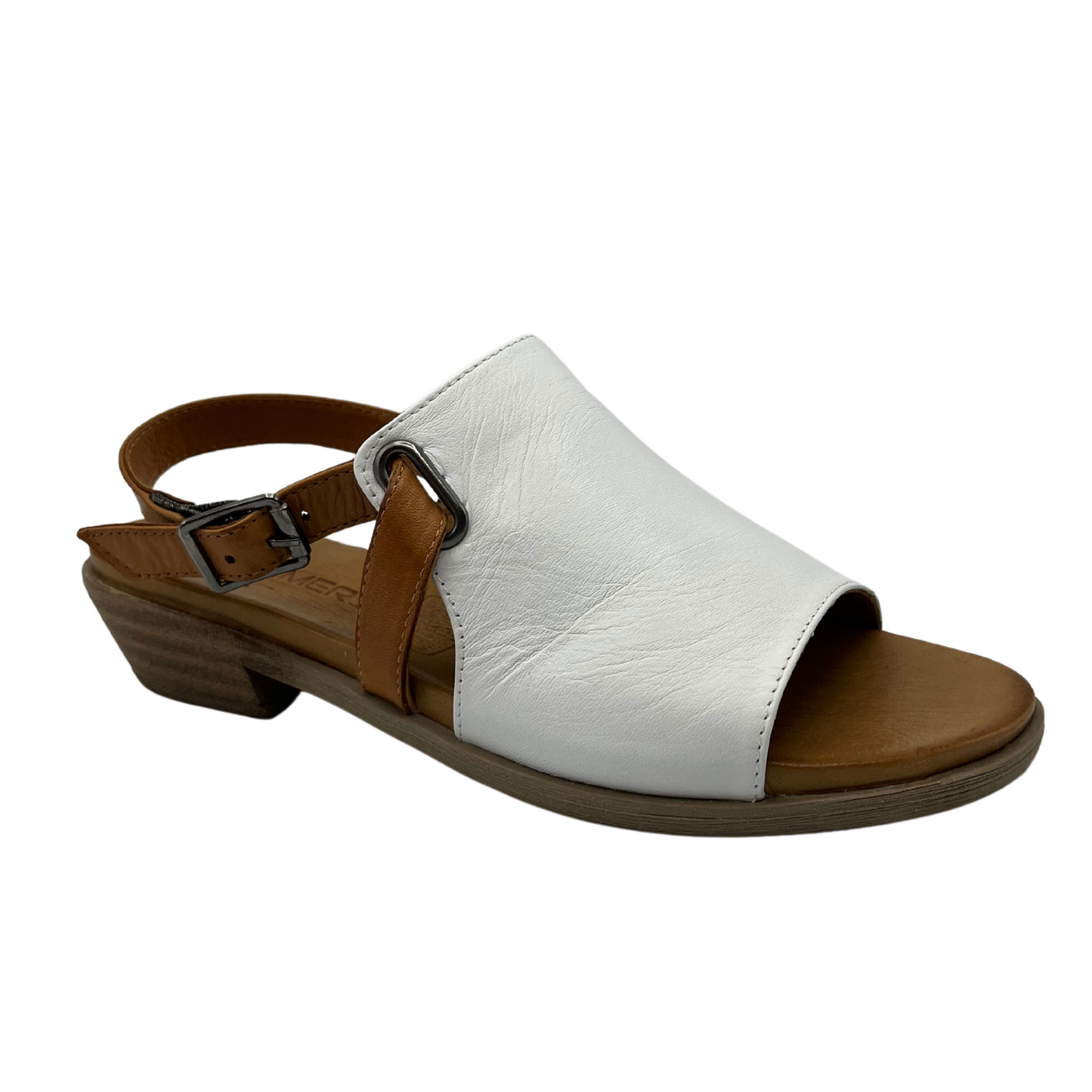 45 degree angled view of white leather sandal with open toe and brown ankle strap