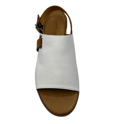 Top view of white leather sandal with open toe, brown strap and low heel