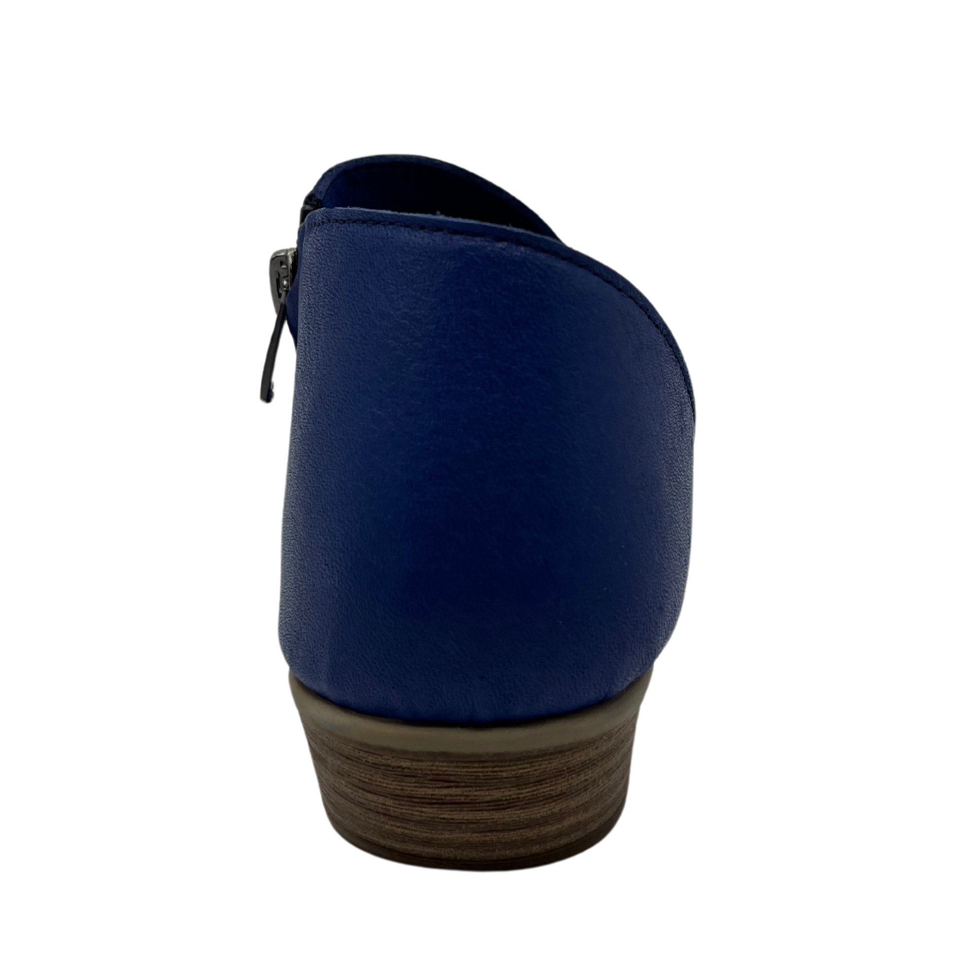 Back view of blue leather sandal with side zipper, short heel and open side design