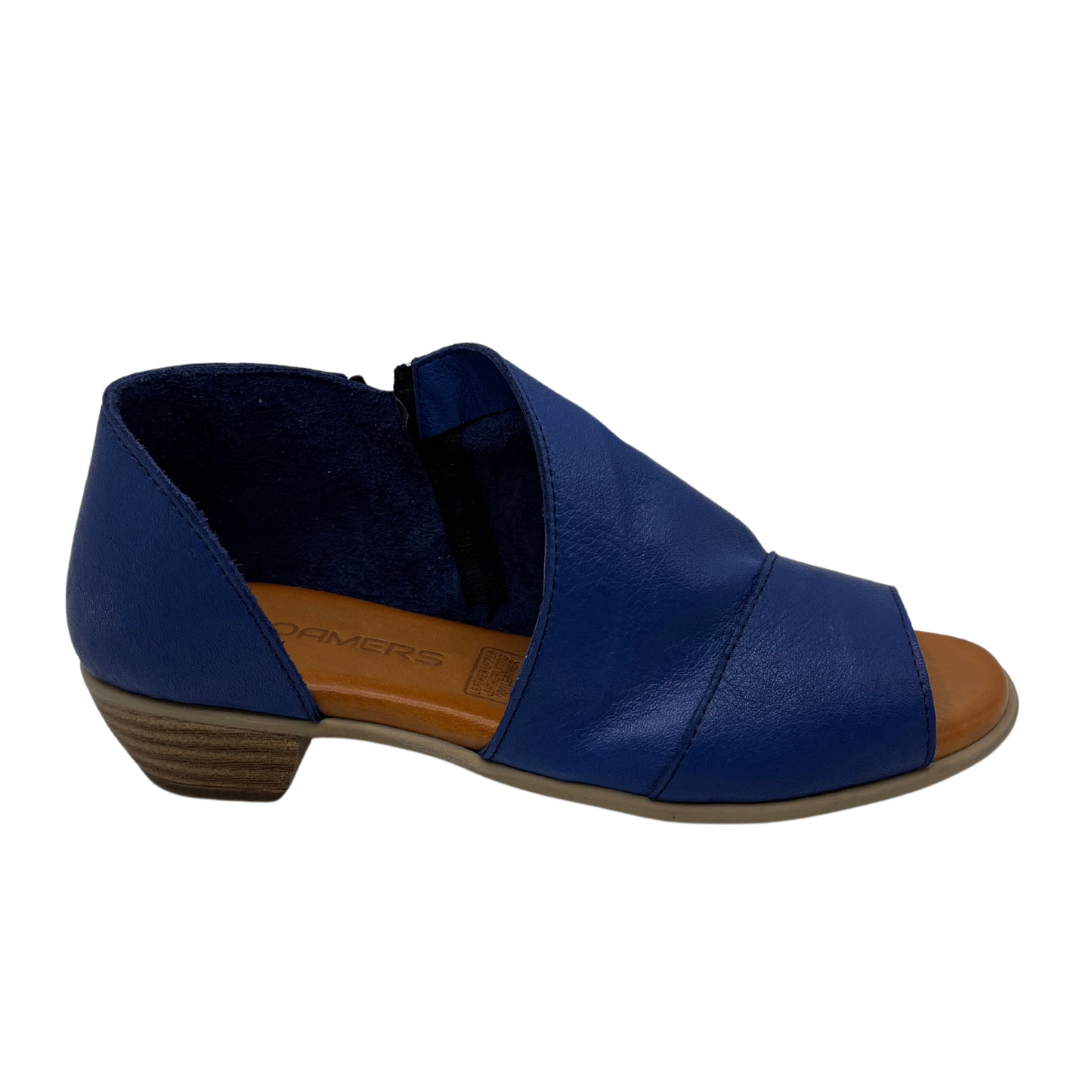 Right facing view of blue leather sandal with peep toe and short heel