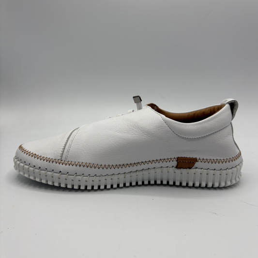 Left facing view of a white leather shoe with off center laces