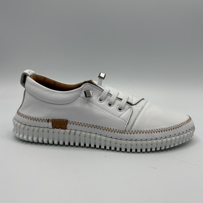 Right facing view of a white leather shoe with off center laces