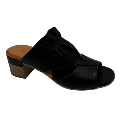 Right facing view of black leather sandal with peep toe and block heel