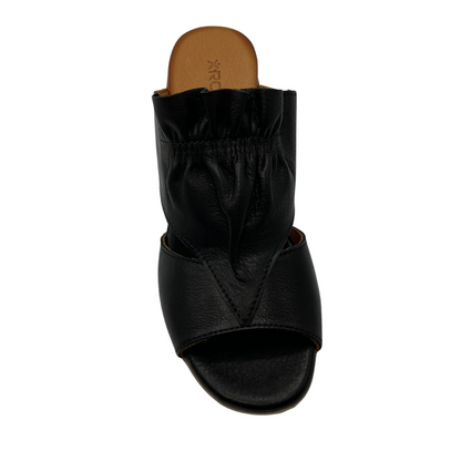 Top view of black leather sandal with peep toe and block heel