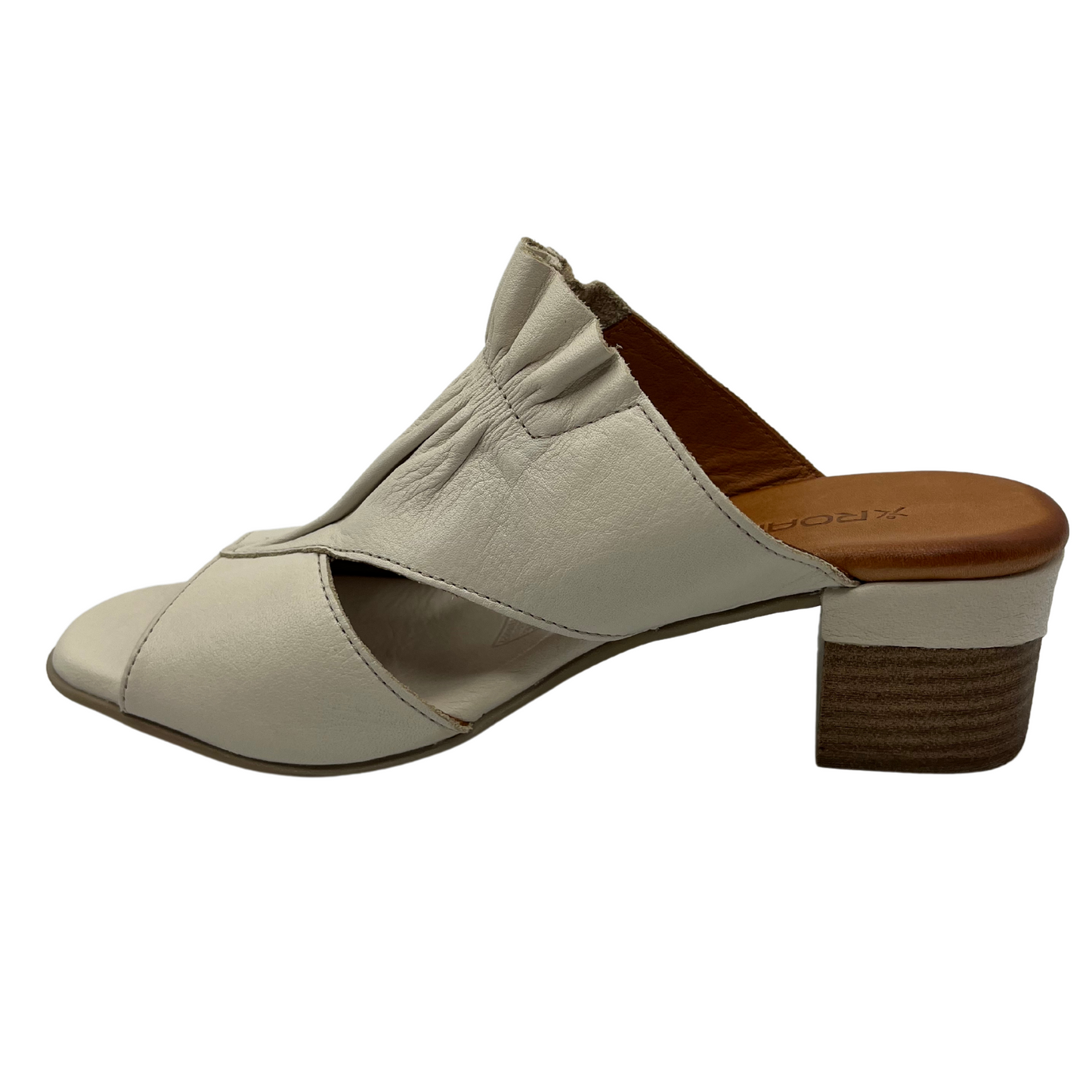 Left facing view of white leather sandal with block heel and peep toe