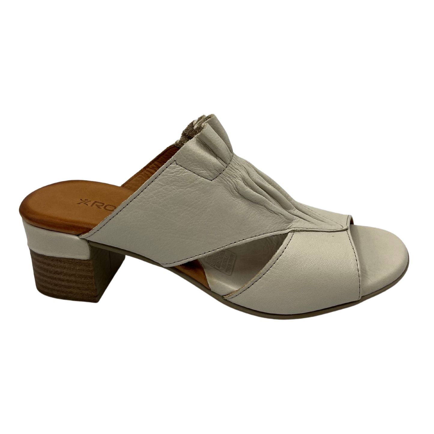 Right facing view of white leather sandal with block heel and peep toe
