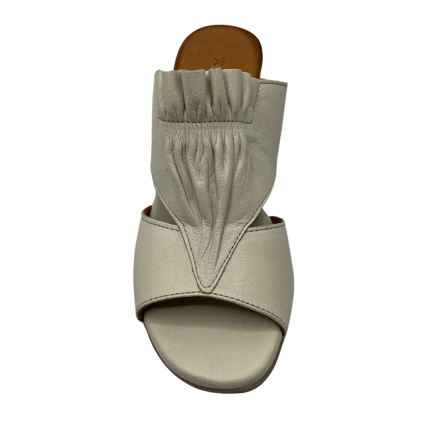 Top view of white leather sandal with block heel and peep toe