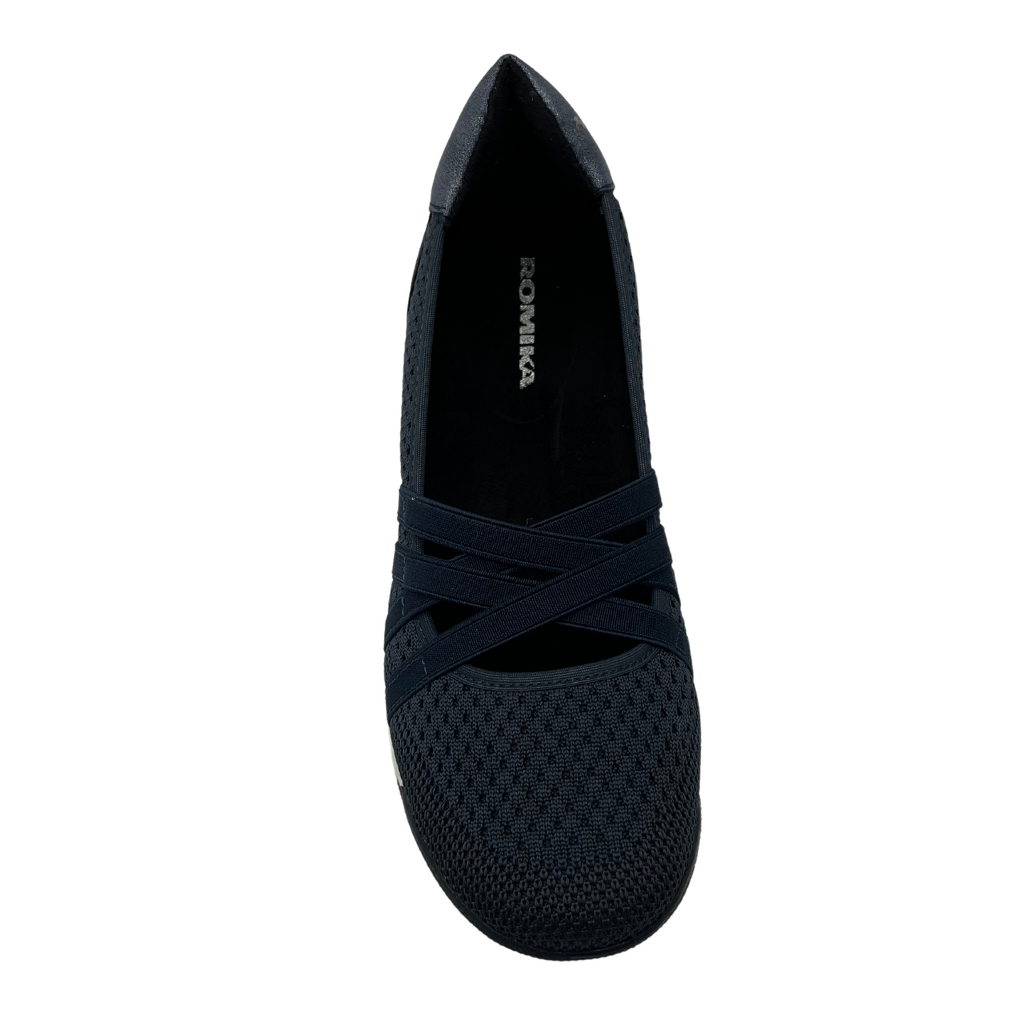 Top view of navy mesh flat with criss-cross straps and rounded toe