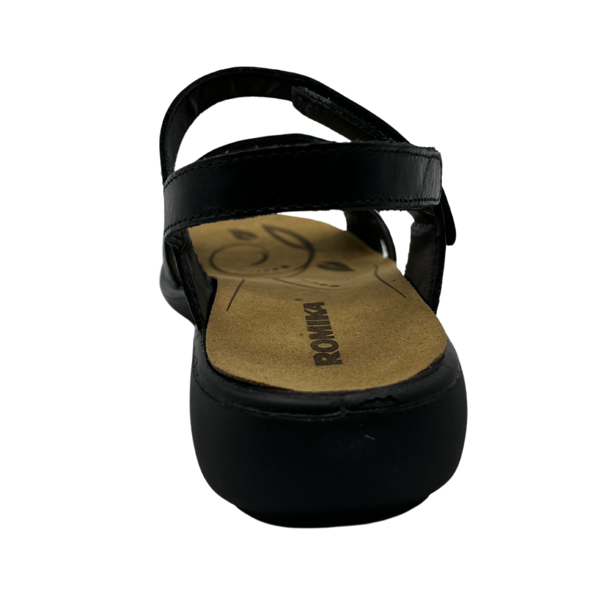Back view of black leather sandal with brown lining and silver studs on straps