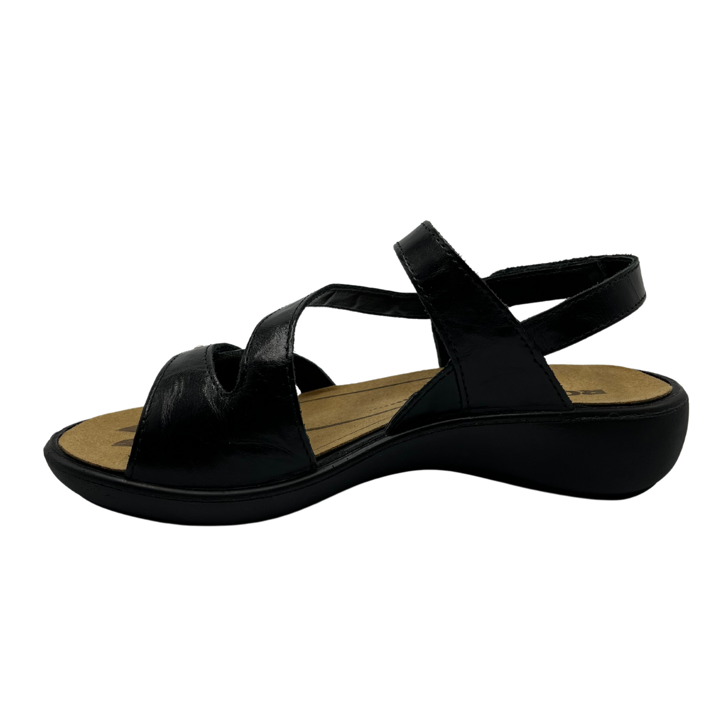 Left facing view of black leather sandal with brown lining and silver studs on straps