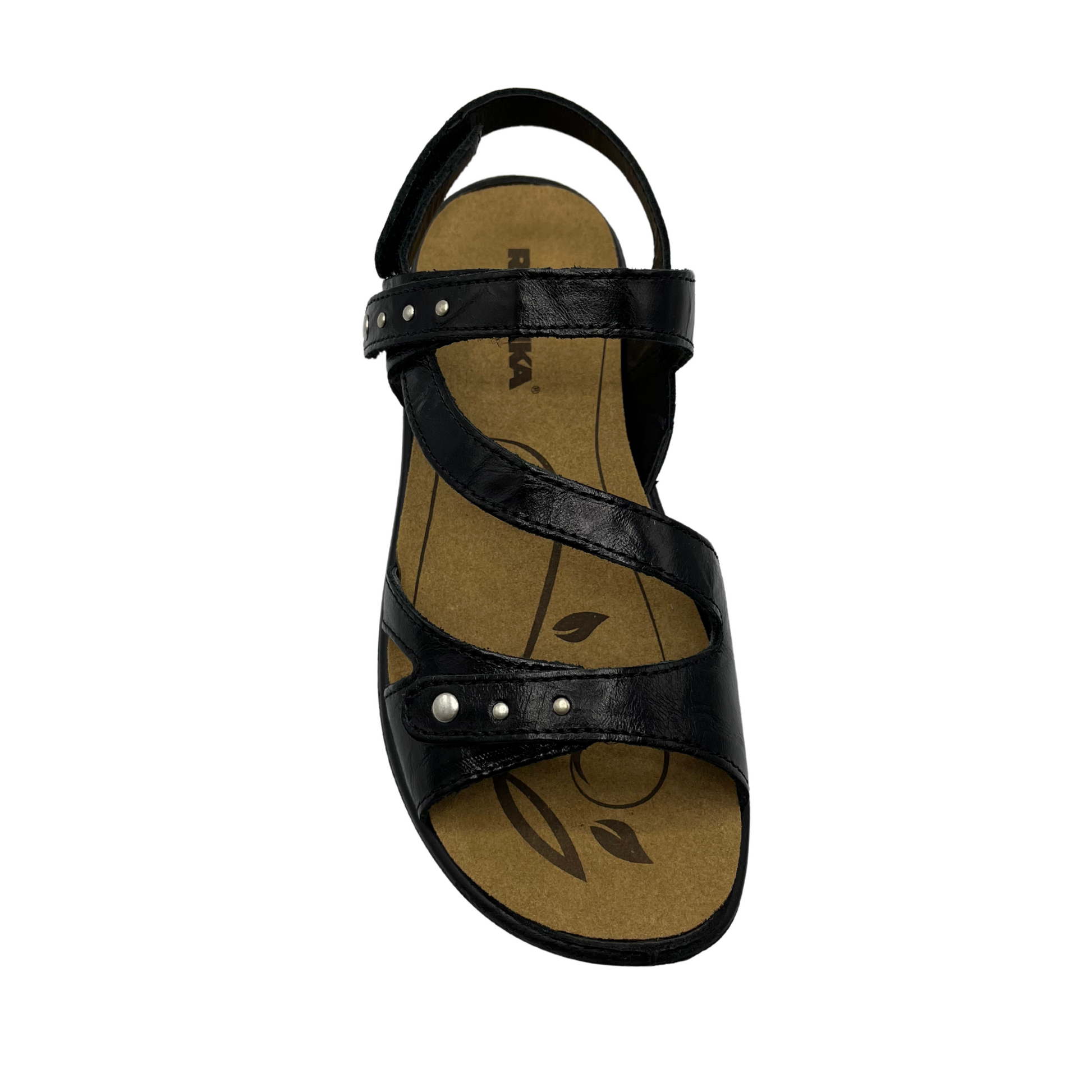 Top view of black leather sandal with brown lining and silver studs on straps