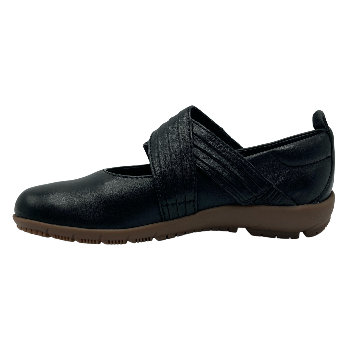 Left facing view of black leather mary jane with brown rubber outsole