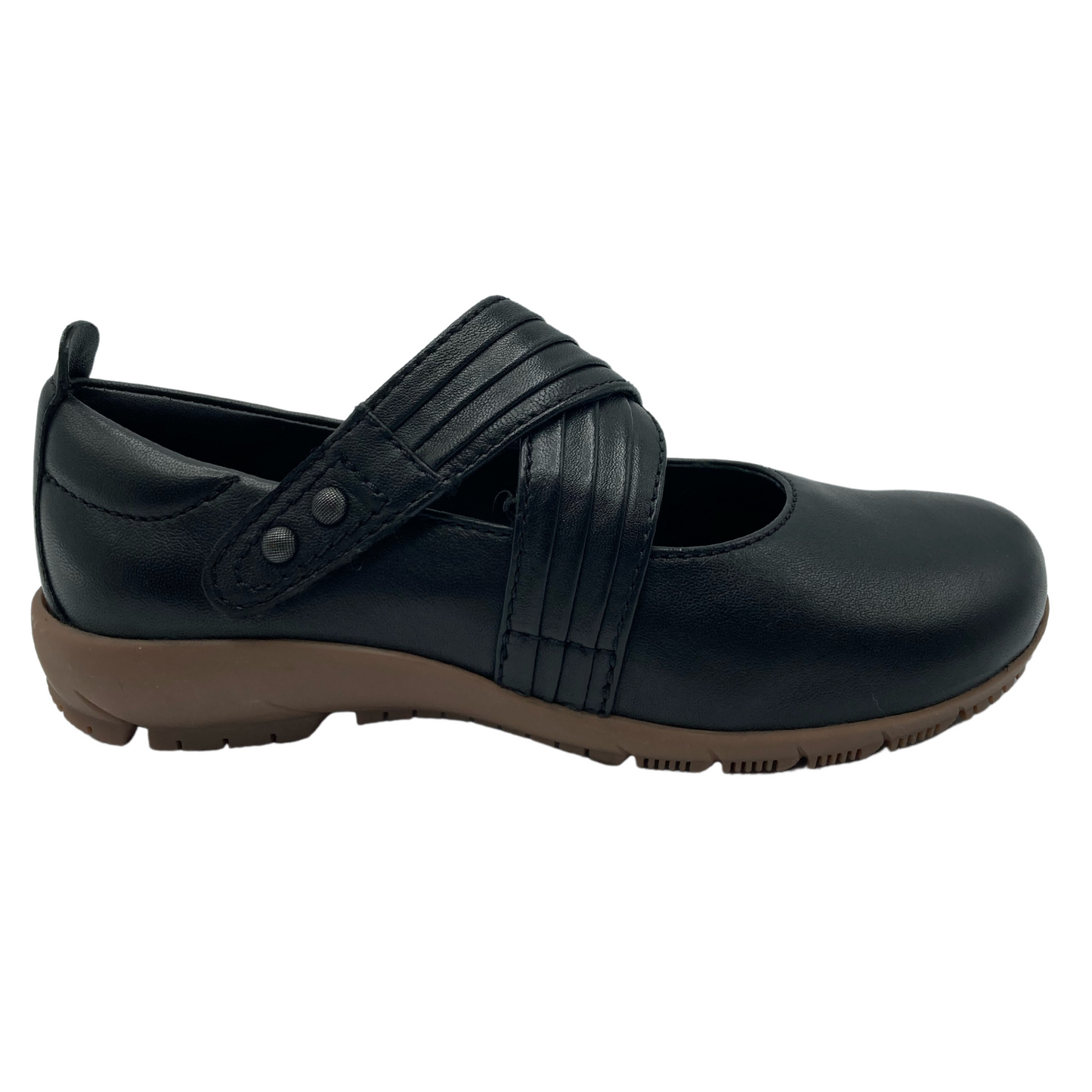 Right facing view of black leather mary janes with double straps on upper