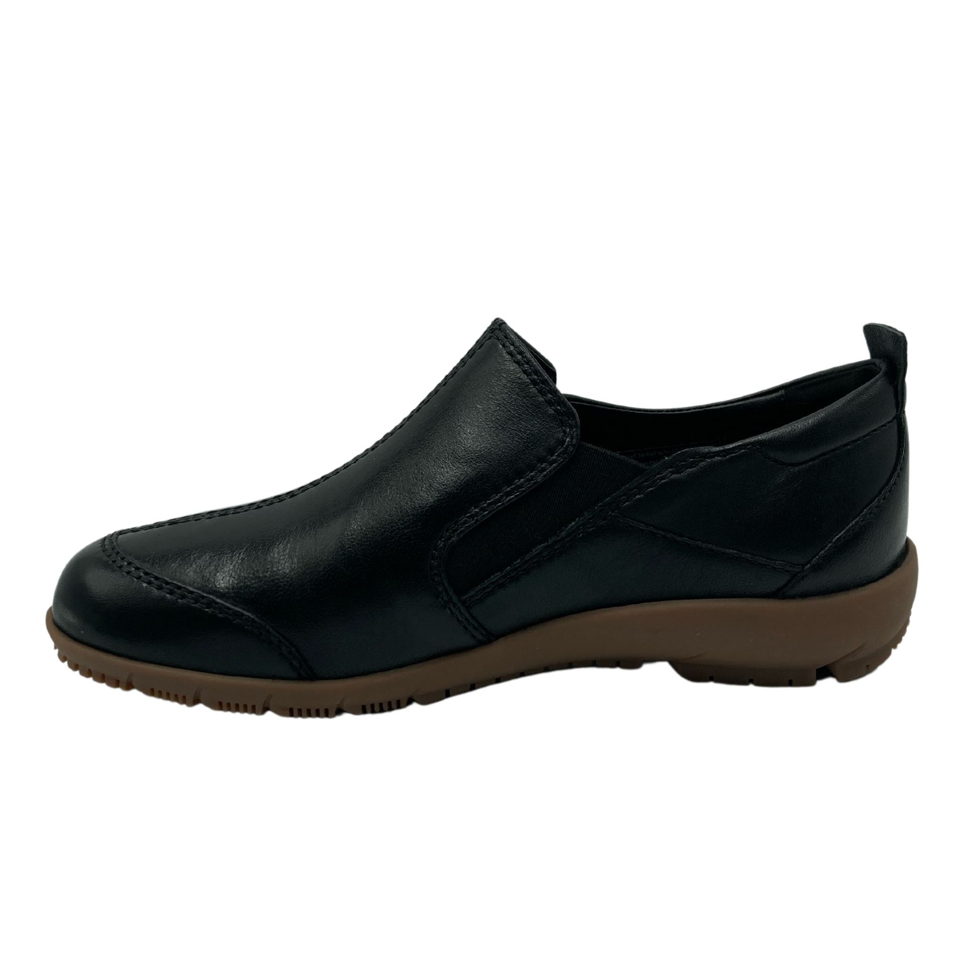 Left facing view of black leather shoe with elastic side gore and brown rubber outsole