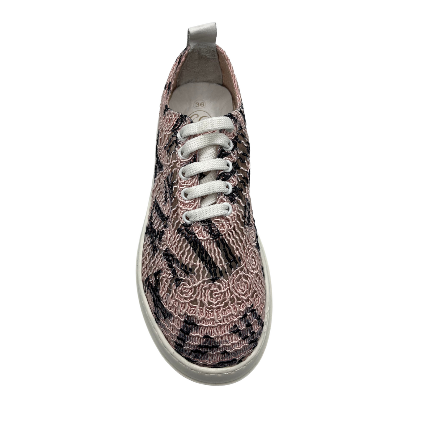 Top view of pink and black mesh sneaker with ultralight white platform sole with white laces.