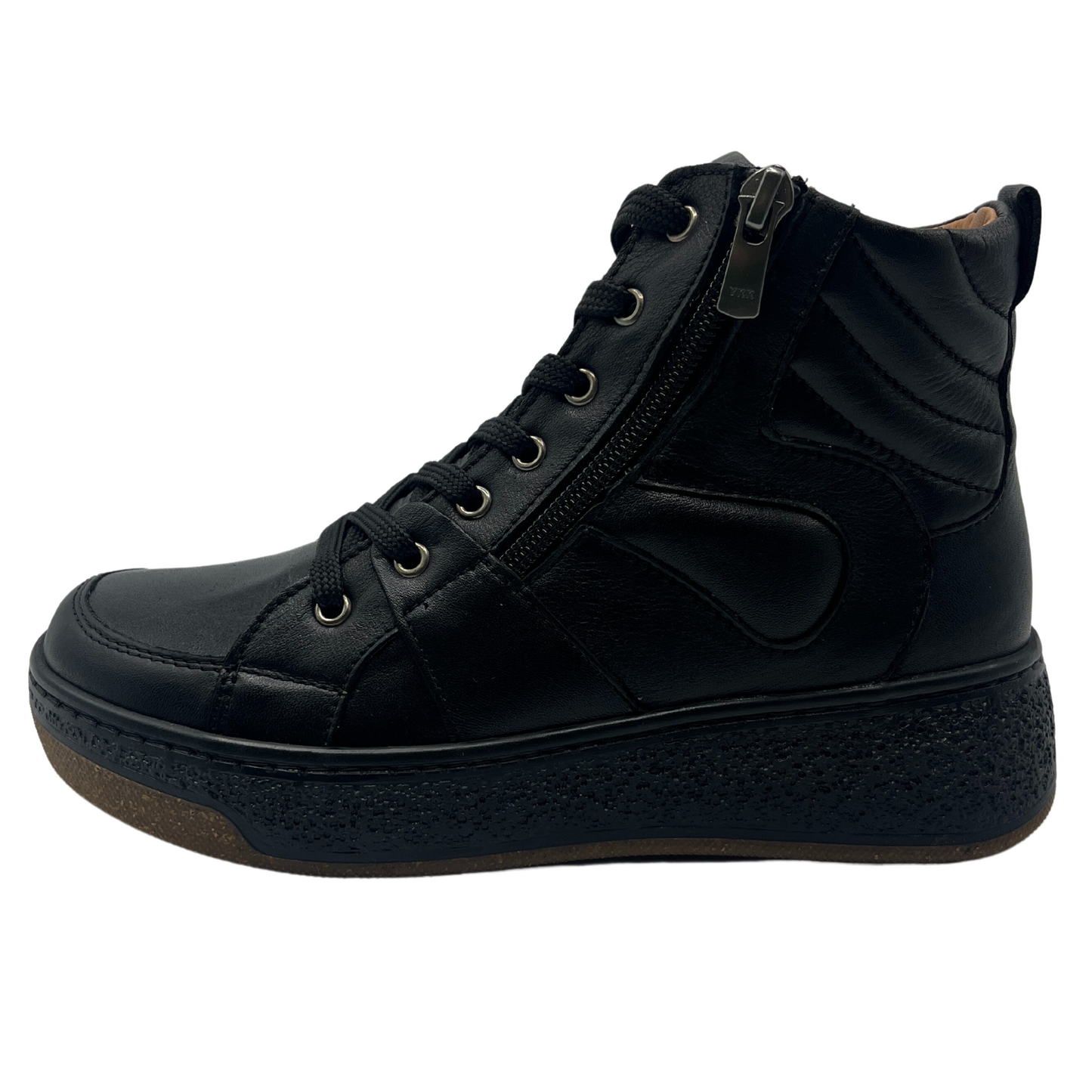 Left facing view of black leather short boot with side zipper closure and black laces